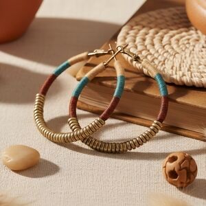 Handmade Colorblock Golden Beaded Hoops Indian Artisan Boho Chic Trendy Style